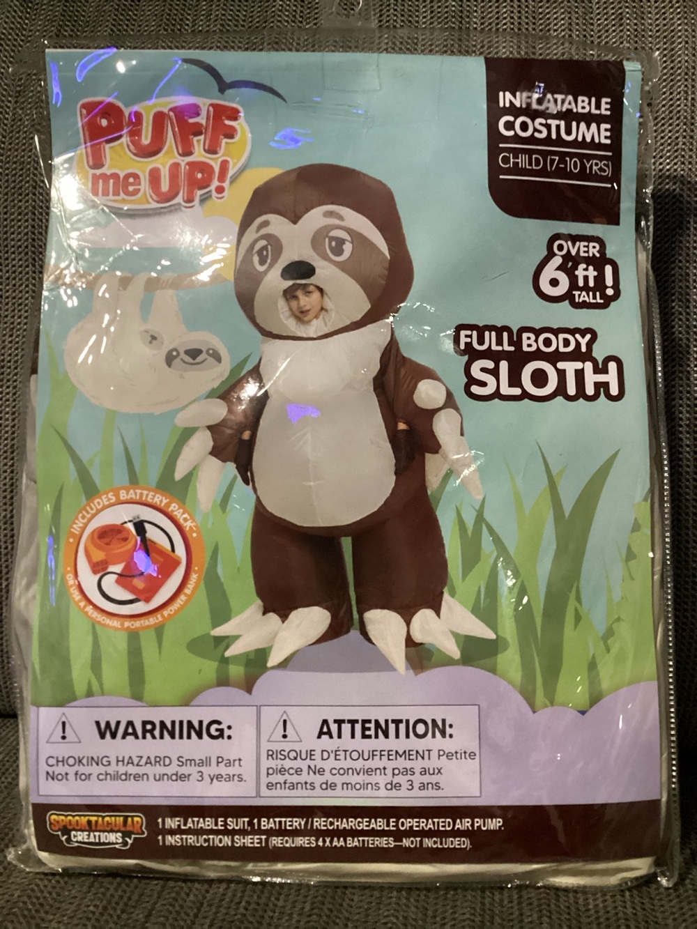 Sloth Full Body Inflatable Costume, Youth Child 7-10 yrs Spooktacular Creations